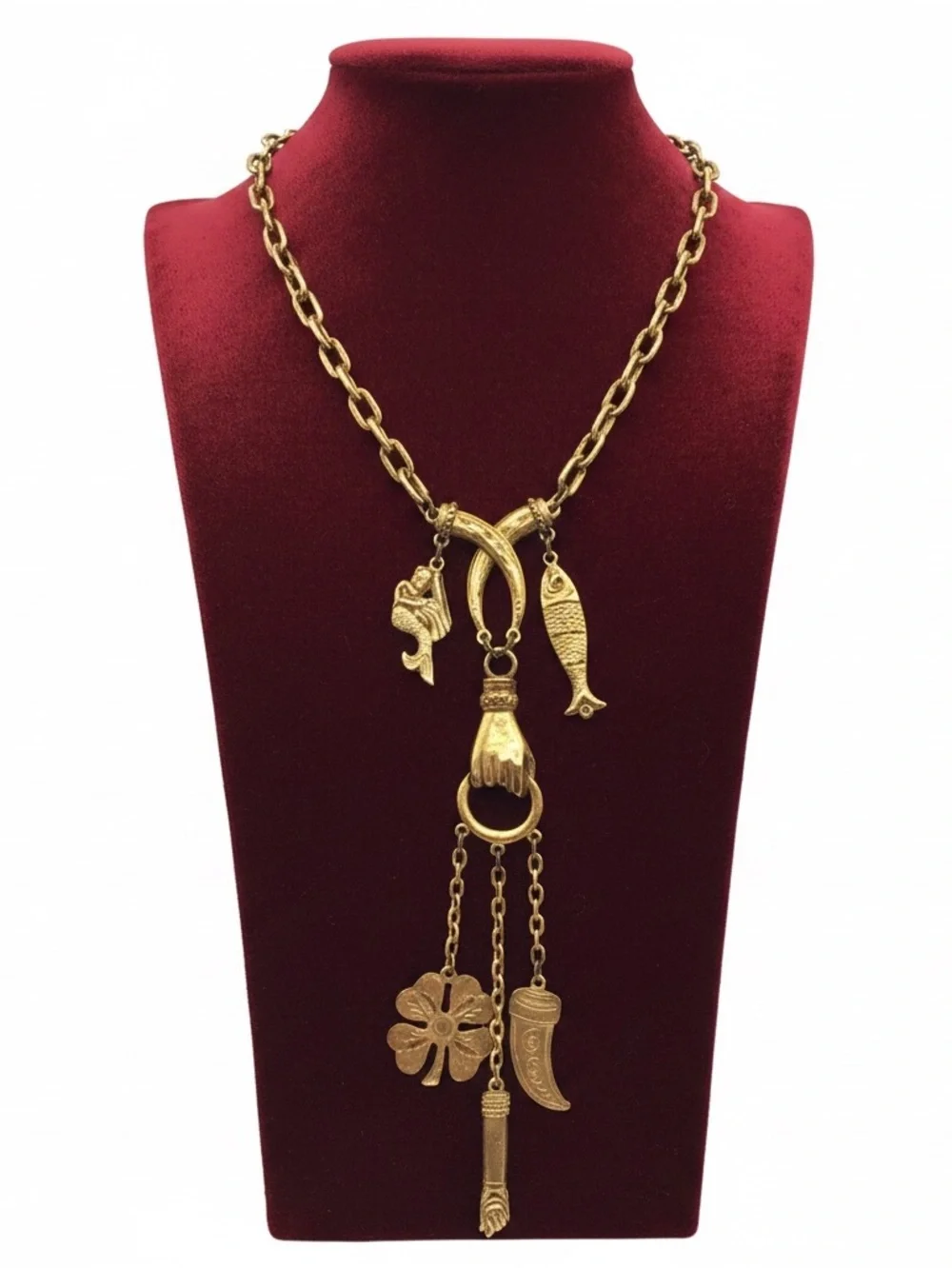 Vintage Gold-tone Hand Charm Talisman Necklace, Fish, Mermaid, Clover